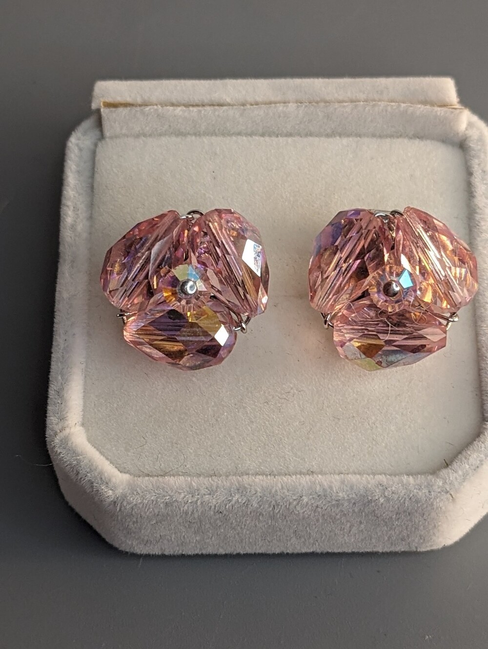 Vintage 1950s Signed Sherman Pink Aurora Borealis Crystal Bead Clip-On Earrings